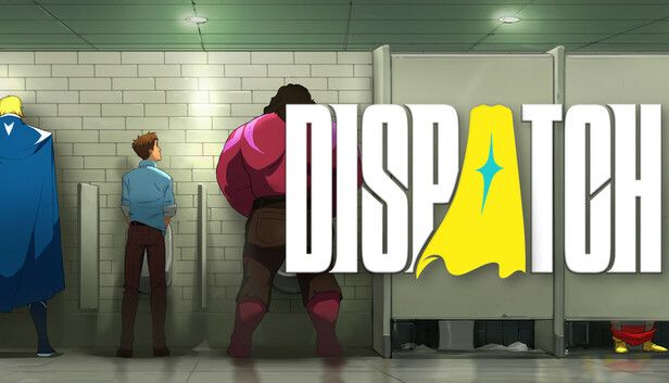 Dispatch game official artwork featuring heroes in the bathroom scene - AdHoc Studio episodic comedy