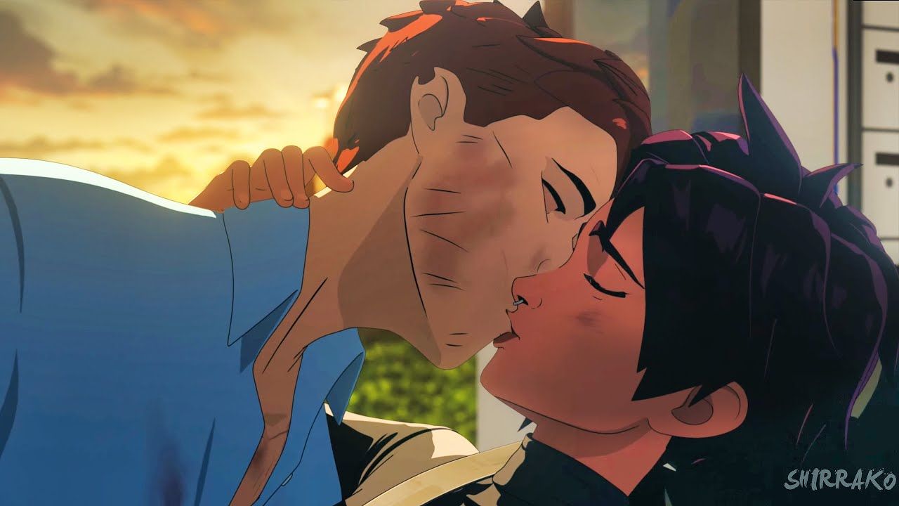 Dispatch game good ending screenshot: Invisigal takes the bullet for Robert and they kiss in the ambulance (Perfect Partners romance).