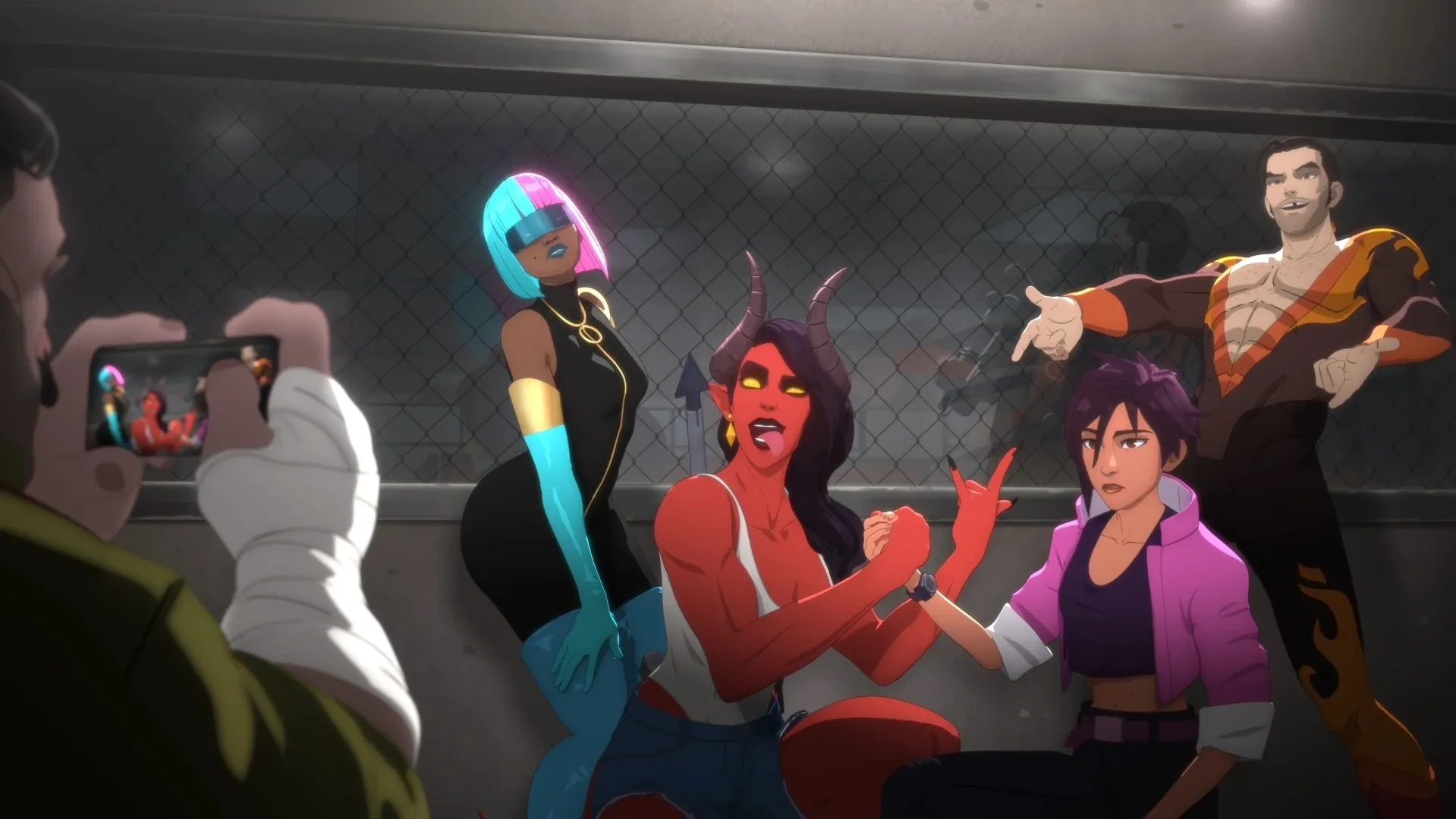 Dispatch game Mentor ending: Robert stands with the Z-Team heroes after successfully saving Invisigal (Solo path).