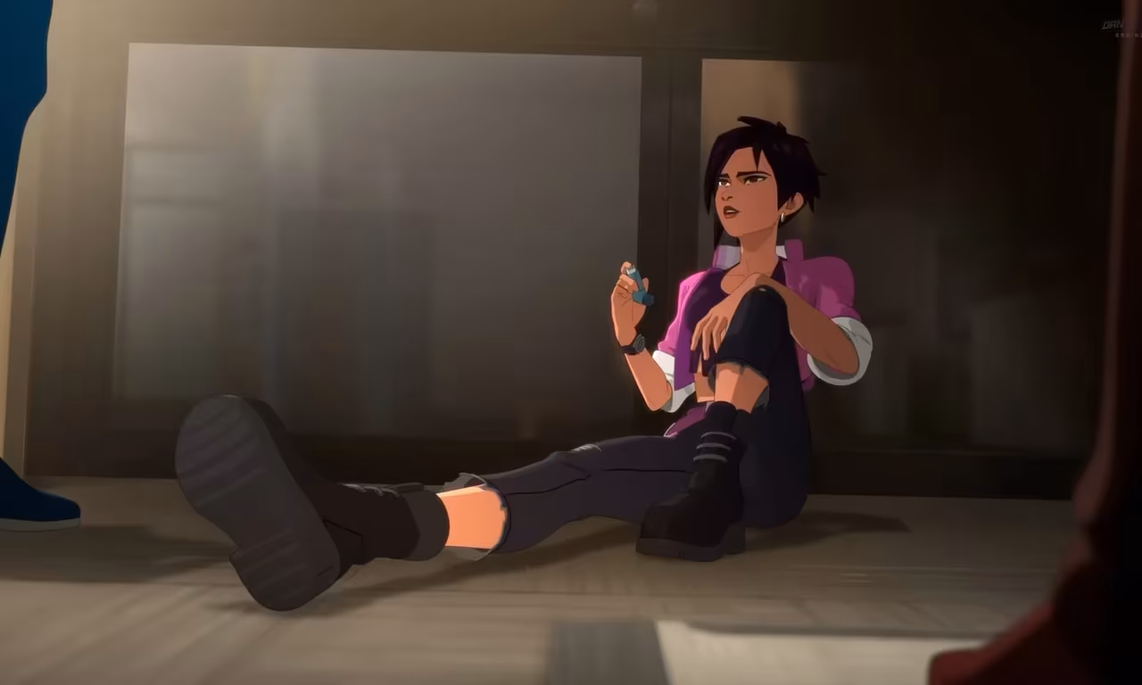 Dispatch game bad ending screenshot: Invisigal kills Shroud and turns into a villain (Corrupted Love romance path).